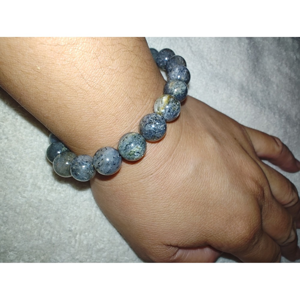 Beaded Bracelet Natural Stone Round Blue Gray Moss Green Stretch Elastic